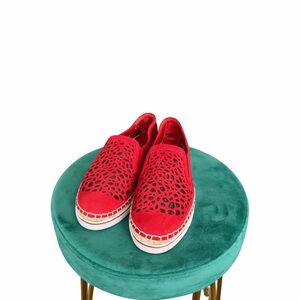 Jimmy Choo Red Laser-Cut Slip-On Espadrille Mules